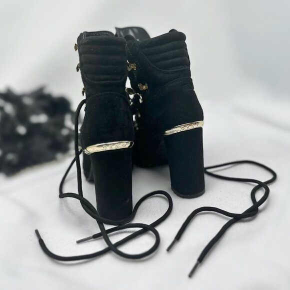 DKNY Black Leather Boots with Gold Accents, Womens Chunky High Heel Ankle Boots - Picture 6 of 12